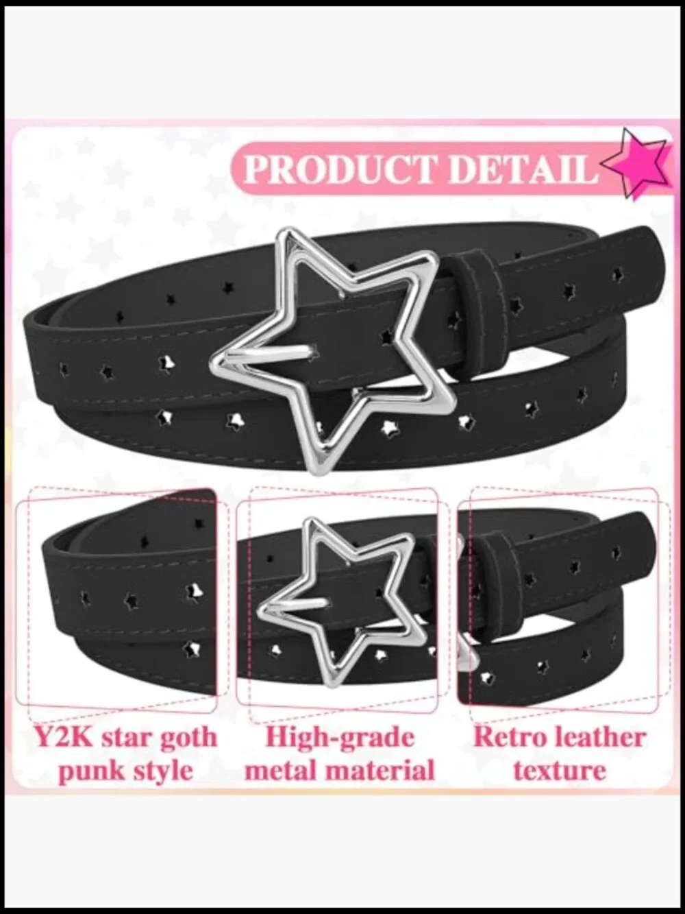 3pc Retro Y2k Star Waist Belt Set Goth Punk Rock Fashion Adjustable Faux Leather